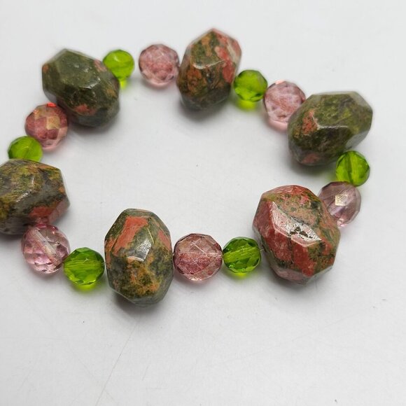 Natural Pink Green Unakite Glass Bead Stretch Bracelet READ ME - Picture 2 of 4